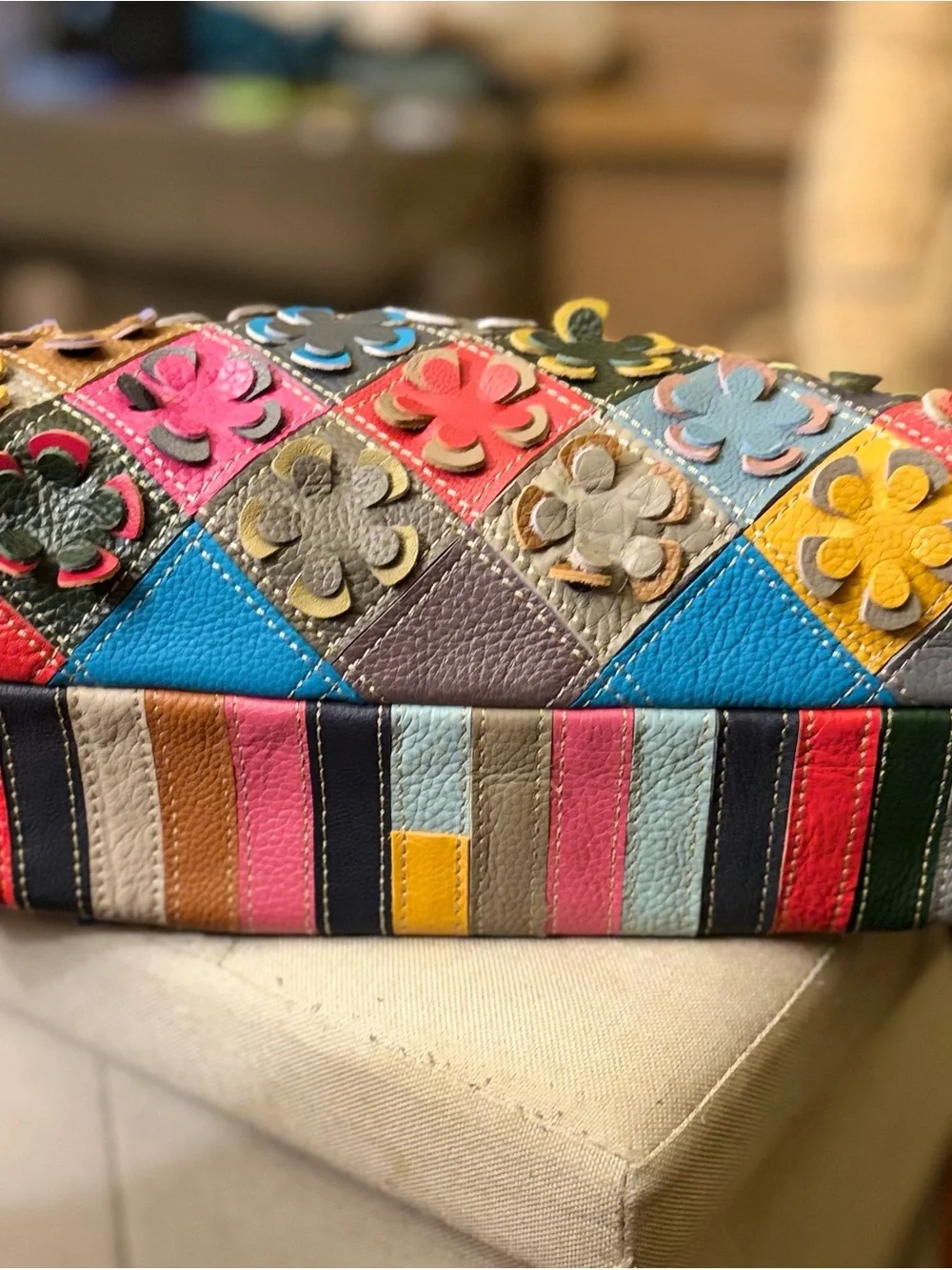Multicolor Floral Patchwork Leather Satchel - Red & Multicolor
